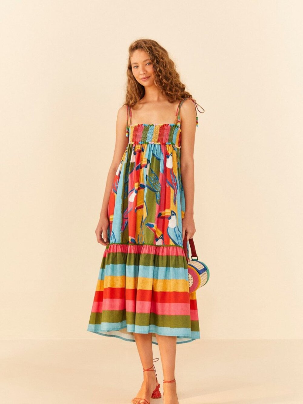 NWT $230 FARM Rio Wonderful Toucans 100% Organic Cotton Midi Dress